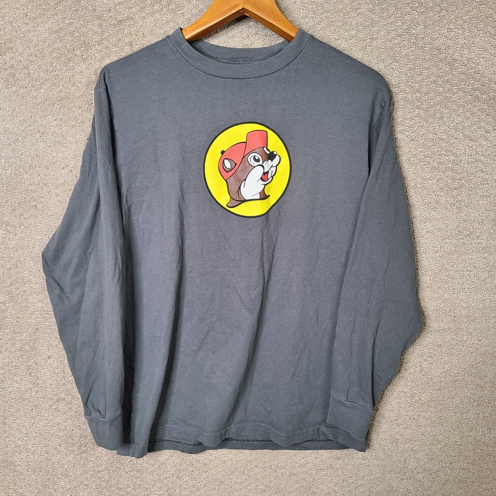 Buc-ee's Shirt Mens Medium‎ Gray Long Sleeve Cotton Crew Neck Casual Graphic Tee